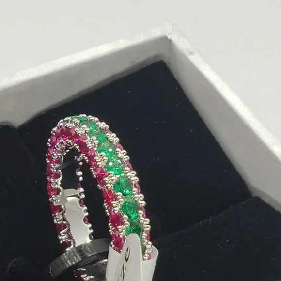 18k White Gold Plated ring 3 row eternity with pink and green cubic zirconia sto - Picture 2 of 3